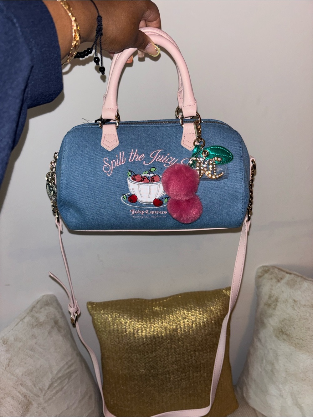 Juicy Couture Blue Denim Mini Satchel with Pink Trim and Cherry Motif